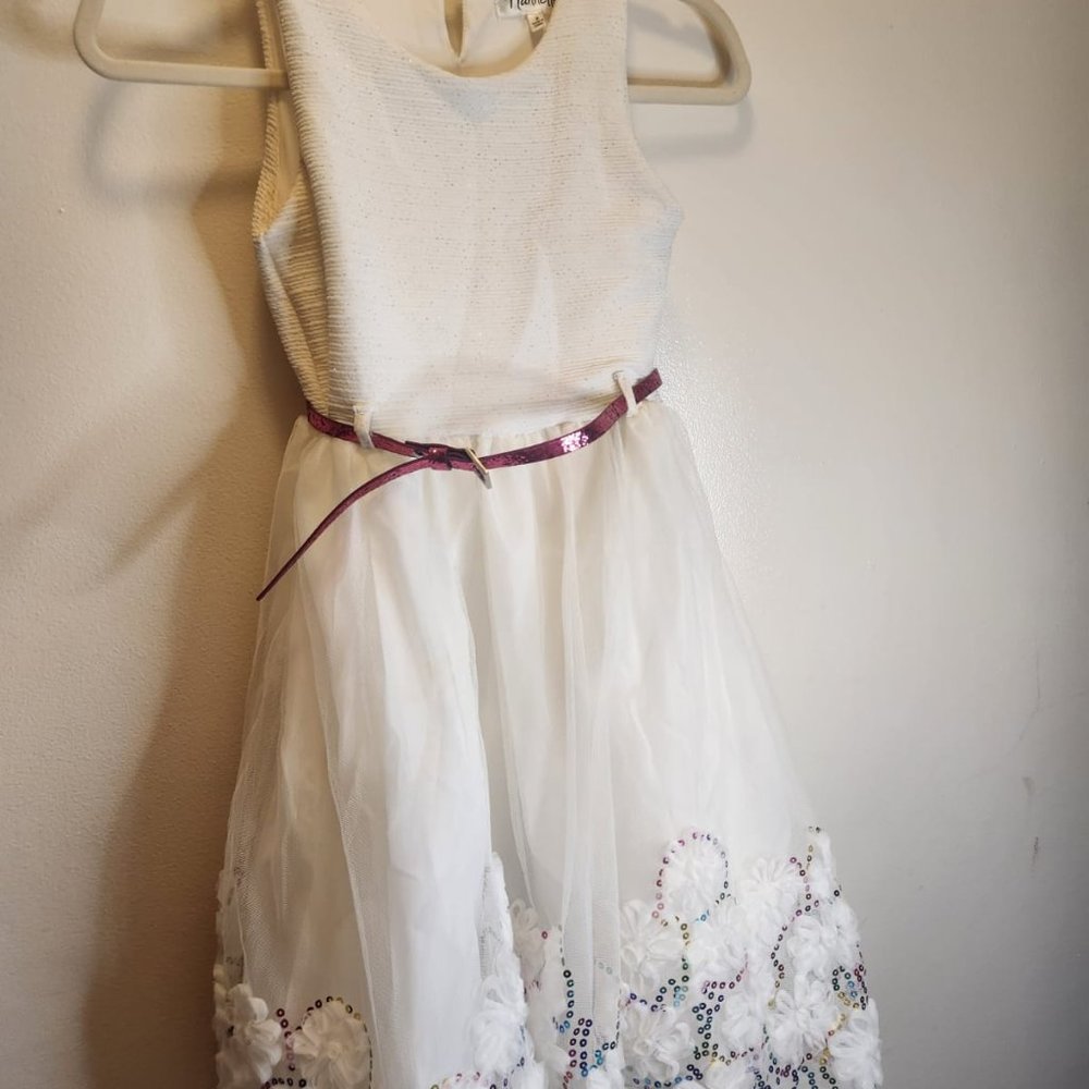 White and rainbow Nannette dress with pink belt